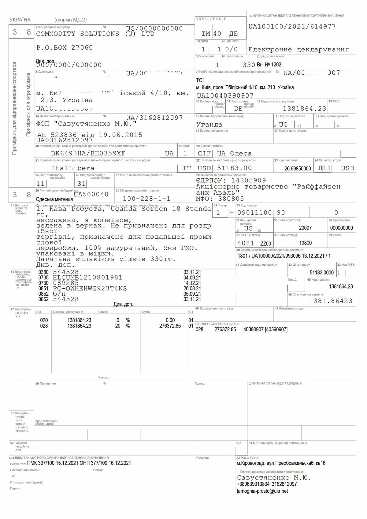 Sample of filling out the customs declaration MD-2 - DiFreight
